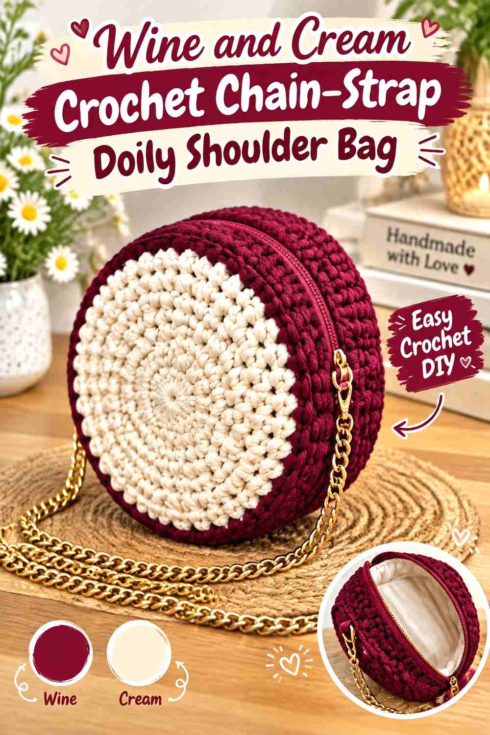 14. Wine And Cream Crochet Chain Strap Doily Shoulder Bag