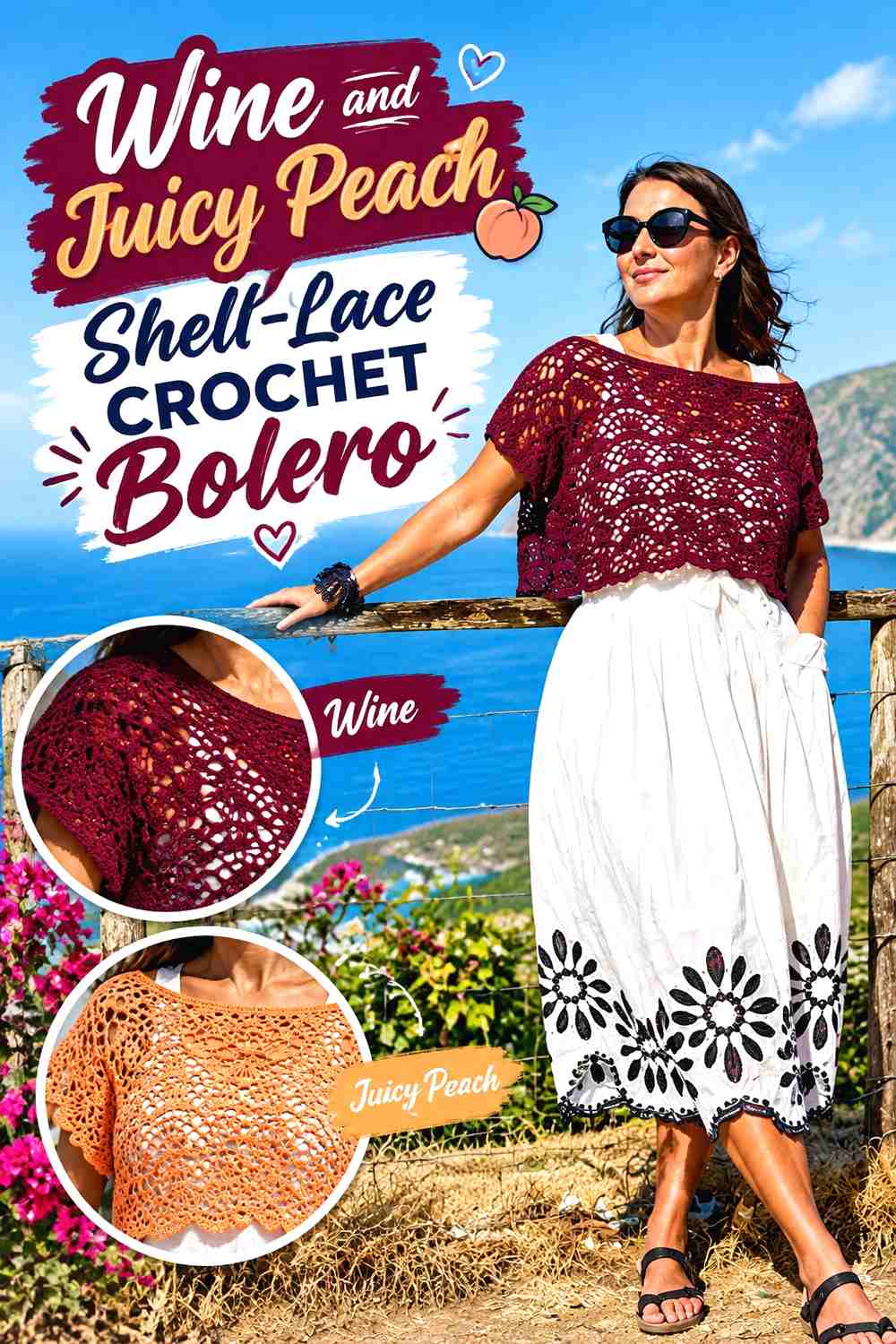 9. Wine and Juicy Peach Shell-Lace Crochet Bolero